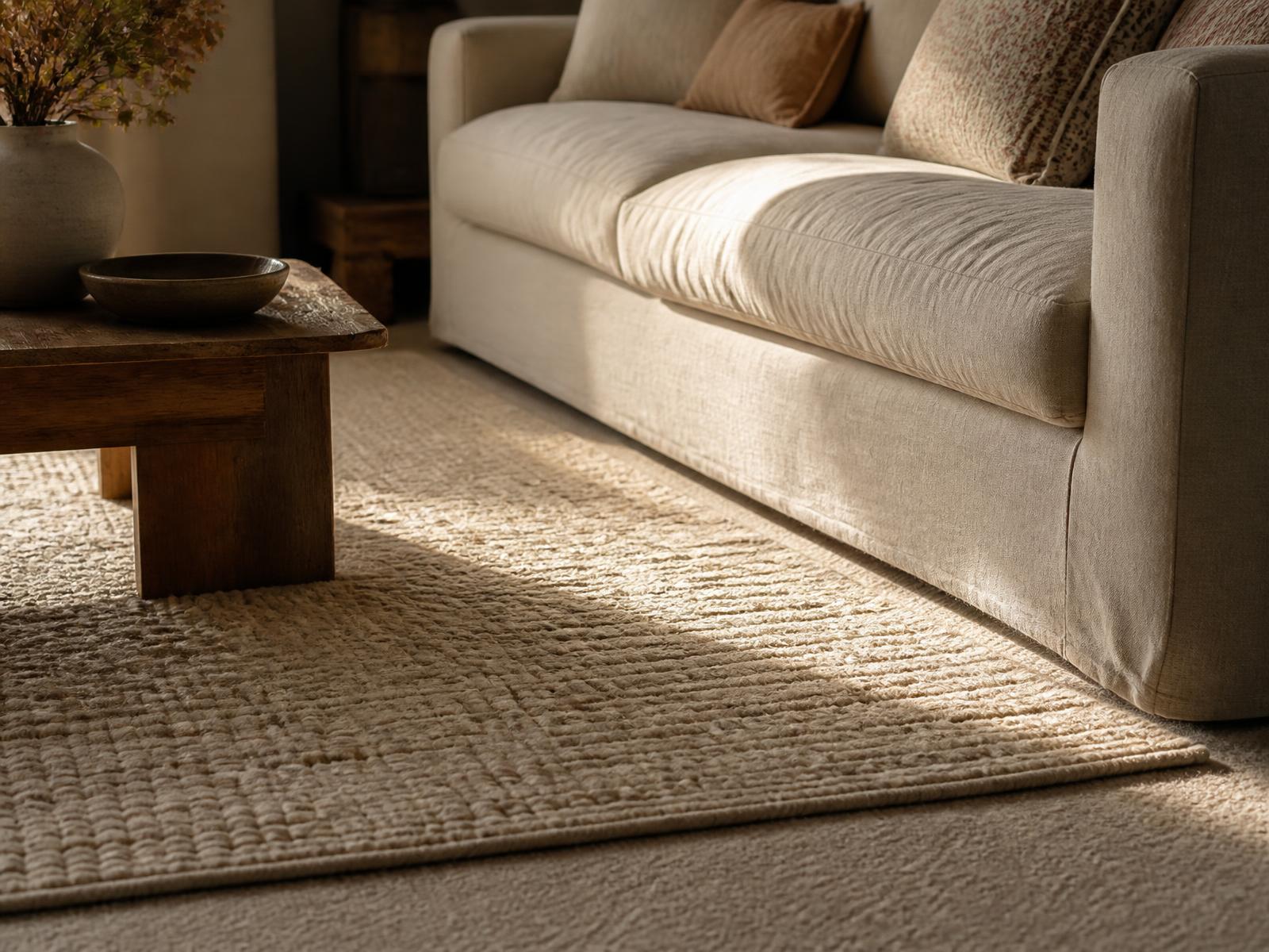 A linen sofa and wool rug in warm afternoon light